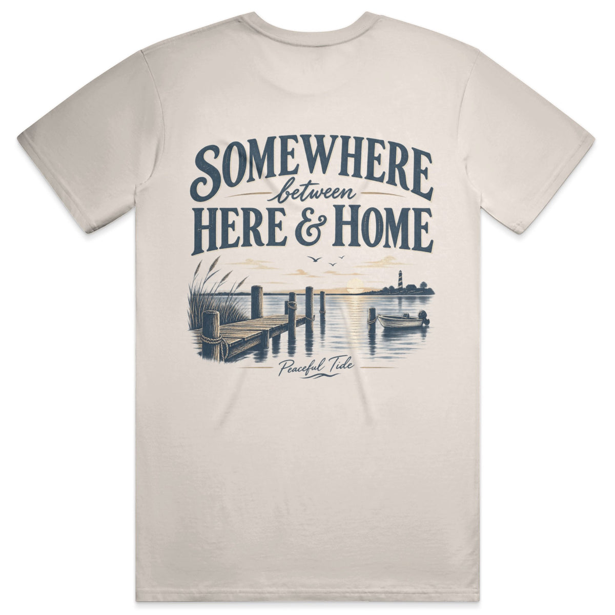 Somewhere Between Here and Home Tee in Ivory, back view on model