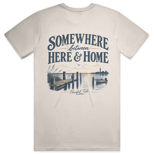 Somewhere Between Here and Home Tee in Ivory, back view on model