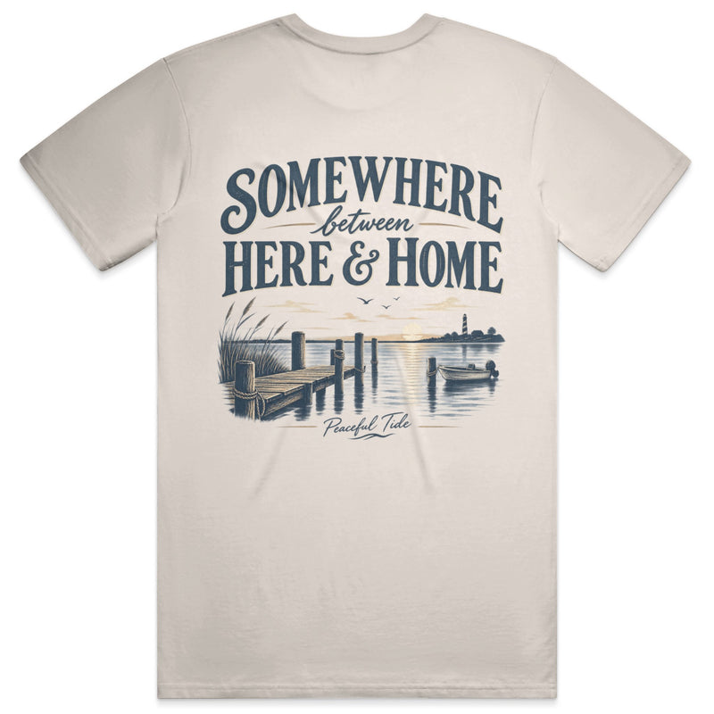 Somewhere Between Here and Home Tee in Ivory, back view on model