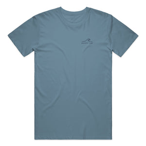 Somewhere Between Here and Home Tee in Ice Blue, front view on model