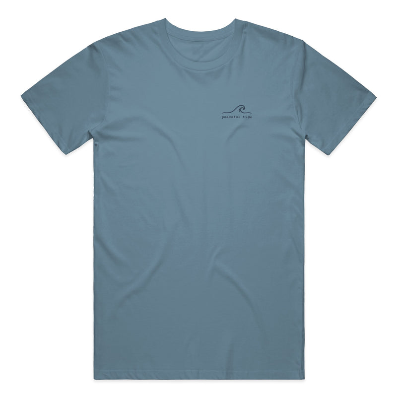 Somewhere Between Here and Home Tee in Ice Blue, front view on model