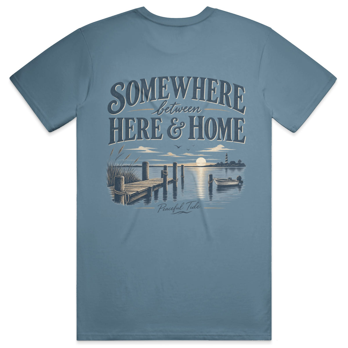Somewhere Between Here and Home Tee in Ice Blue, back view on model