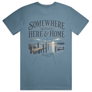 Somewhere Between Here and Home Tee in Ice Blue, back view on model