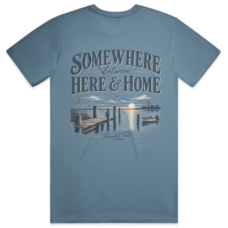 Somewhere Between Here and Home Tee in Ice Blue, back view on model