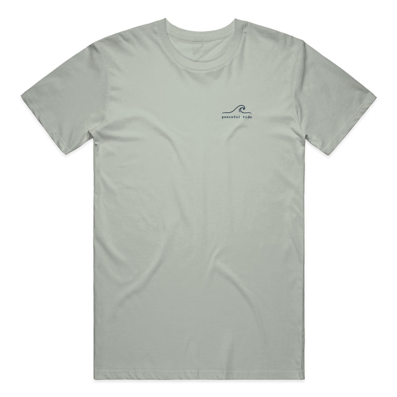 Somewhere Between Here and Home Tee in Bay, front view on model