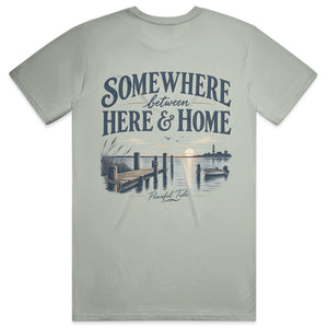 Somewhere Between Here and Home Tee in Bay, back view on model
