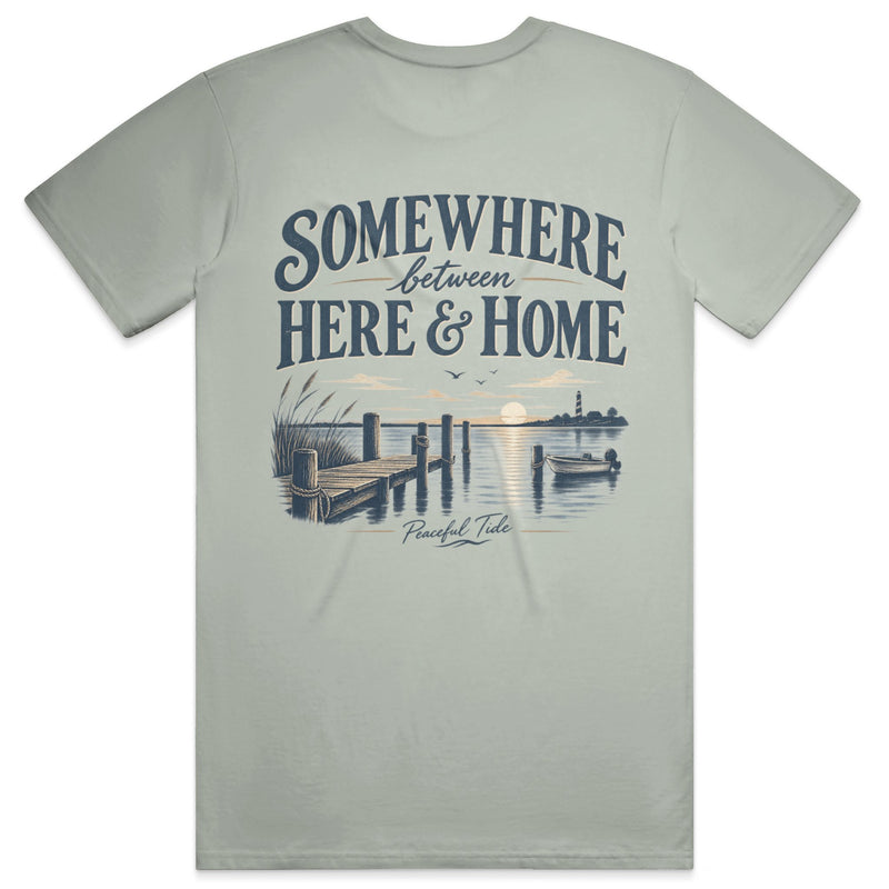 Somewhere Between Here and Home Tee in Bay, back view on model