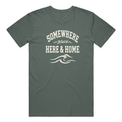 Be Present Tee in Blue Spruce — on model, front view