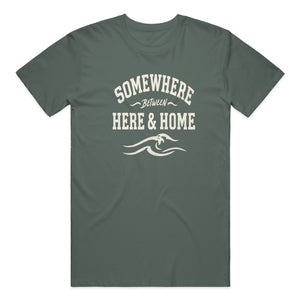 Be Present Tee in Blue Spruce — on model, front view