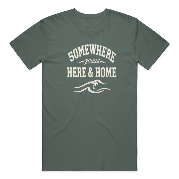 Be Present Tee in Blue Spruce — on model, front view