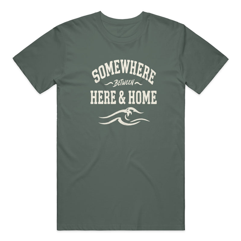 Be Present Tee in Blue Spruce — on model, front view