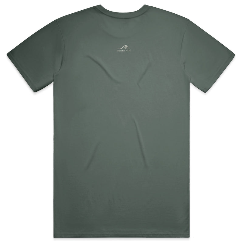 Be Present Tee in Blue Spruce — on model, back view