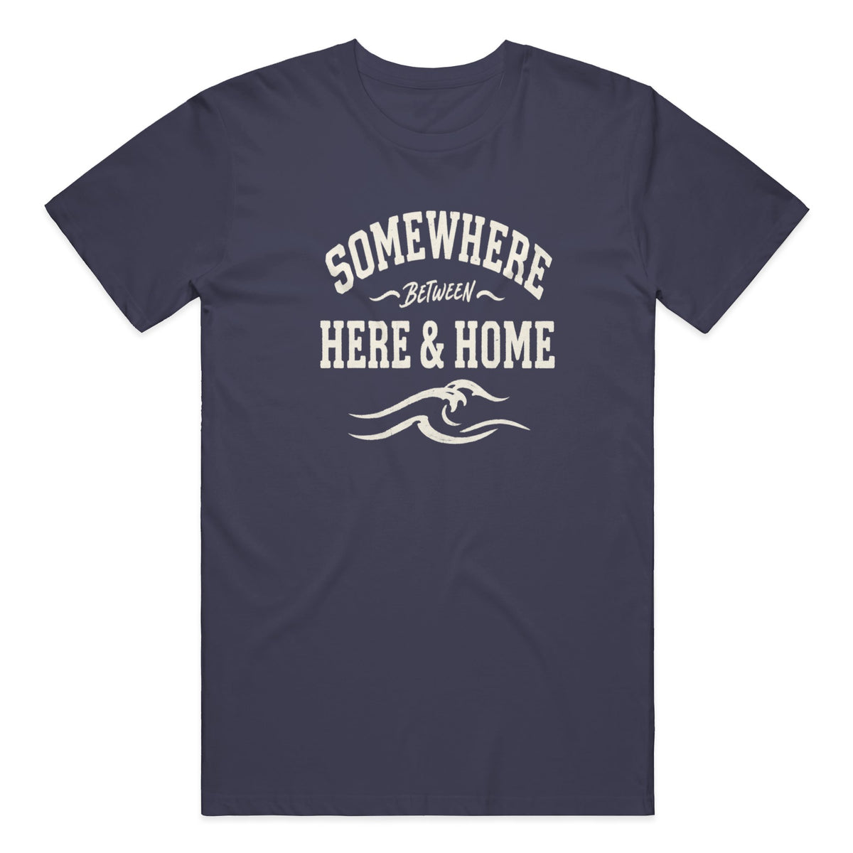 Be Present Tee in True Navy — on model, front view