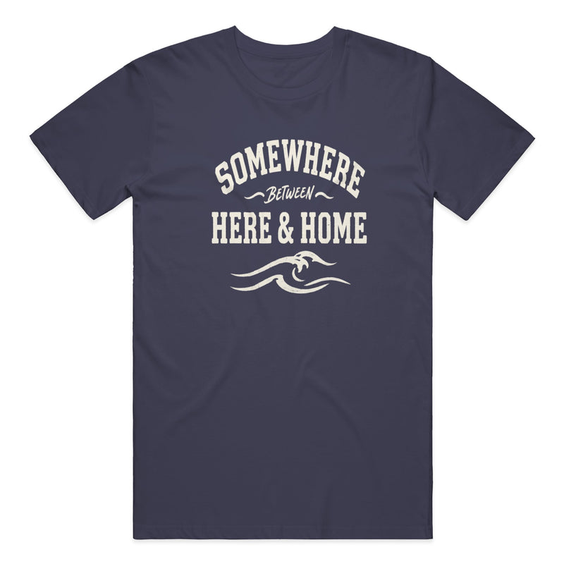Be Present Tee in True Navy — on model, front view