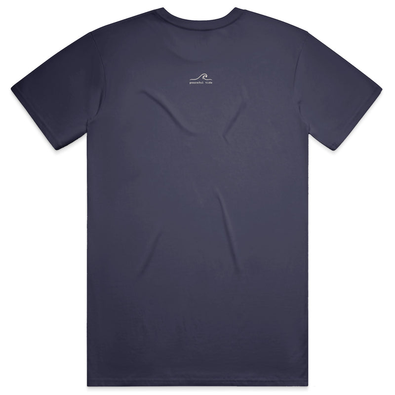 Be Present Tee in True Navy — on model, back view