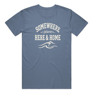 Be Present Tee in Blue Jean — on model, front view