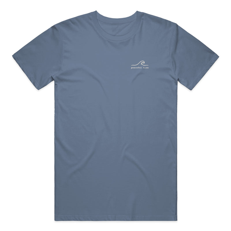 Goods for the Soul Tee in Blue Jean — on model, front view