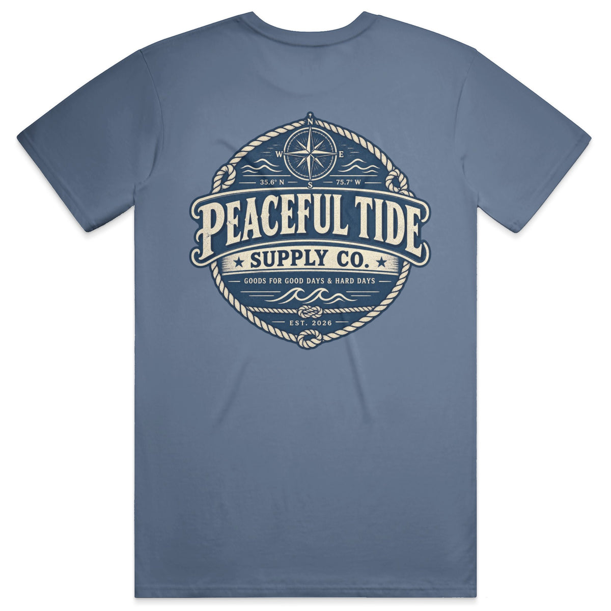 Goods for the Soul Tee in Blue Jean — on model, back view