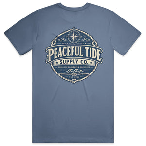 Goods for the Soul Tee in Blue Jean — on model, back view