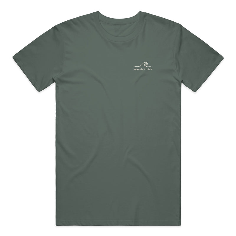 Goods for the Soul Tee in Blue Spruce — on model, front view