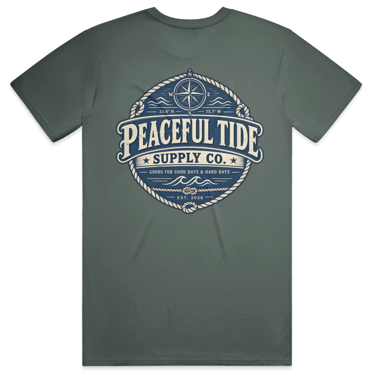 Goods for the Soul Tee in Blue Spruce — on model, back view