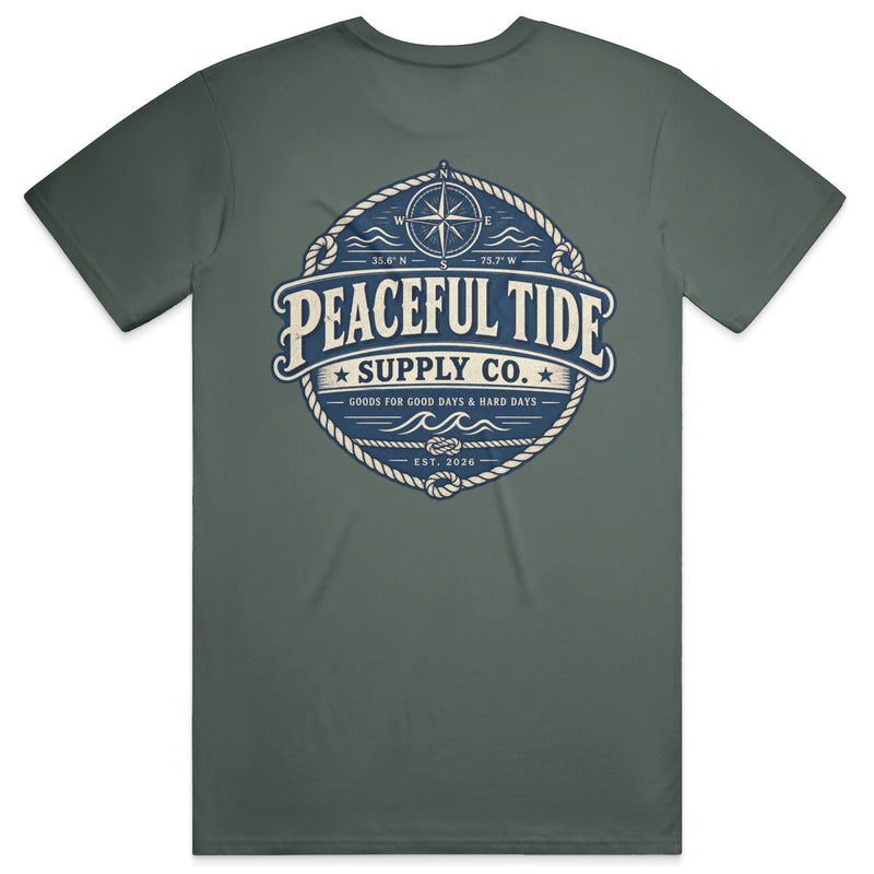 Goods for the Soul Tee in Blue Spruce — on model, back view