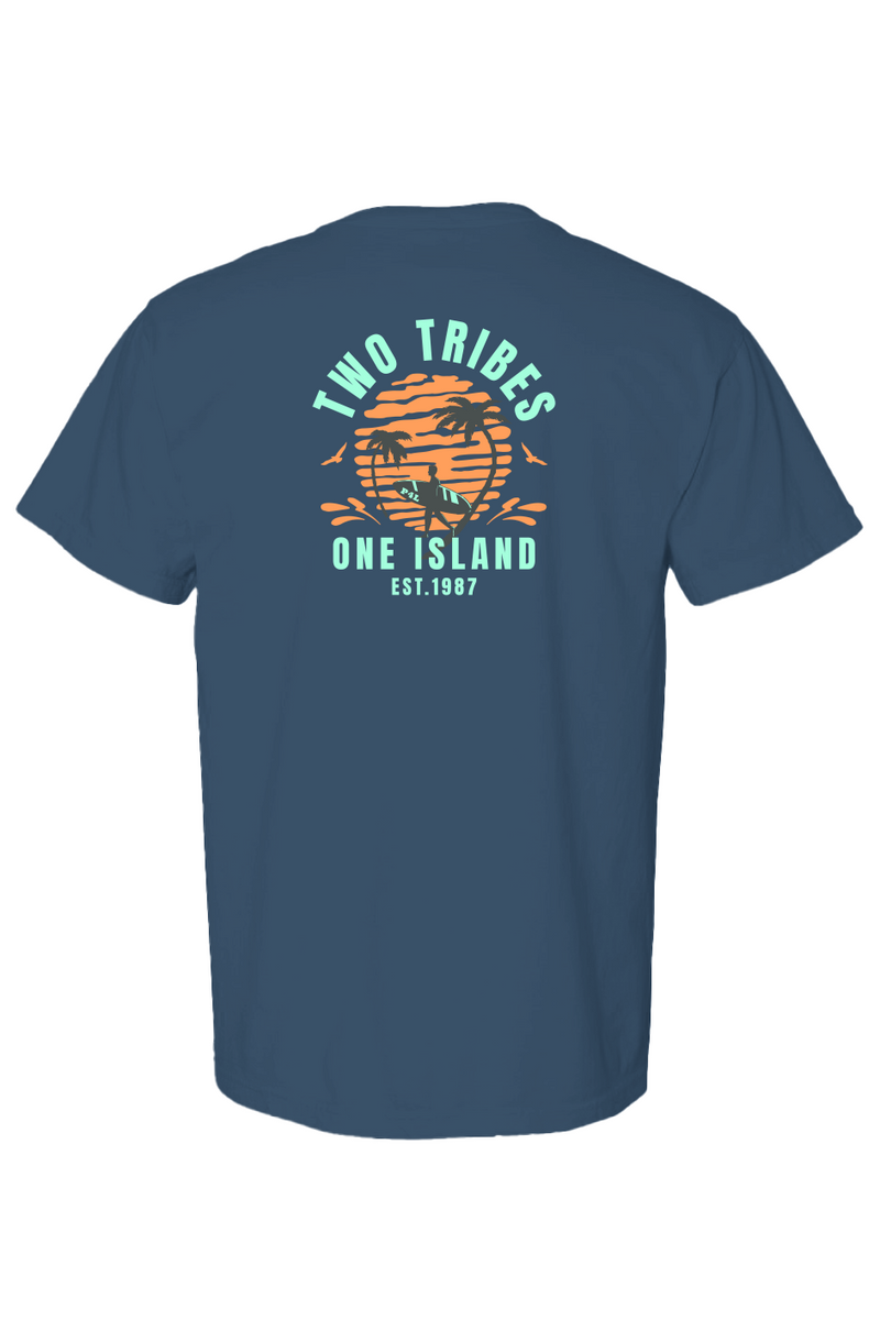 Two Tribes, One Island Tee in Midnight, folded flat
