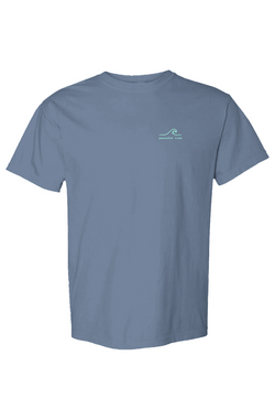 Two Tribes, One Island Tee in Blue Jean, front view on model