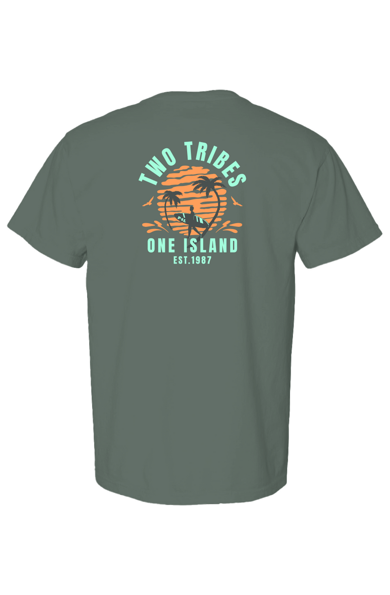 Two Tribes, One Island Tee in Blue Spruce, folded flat