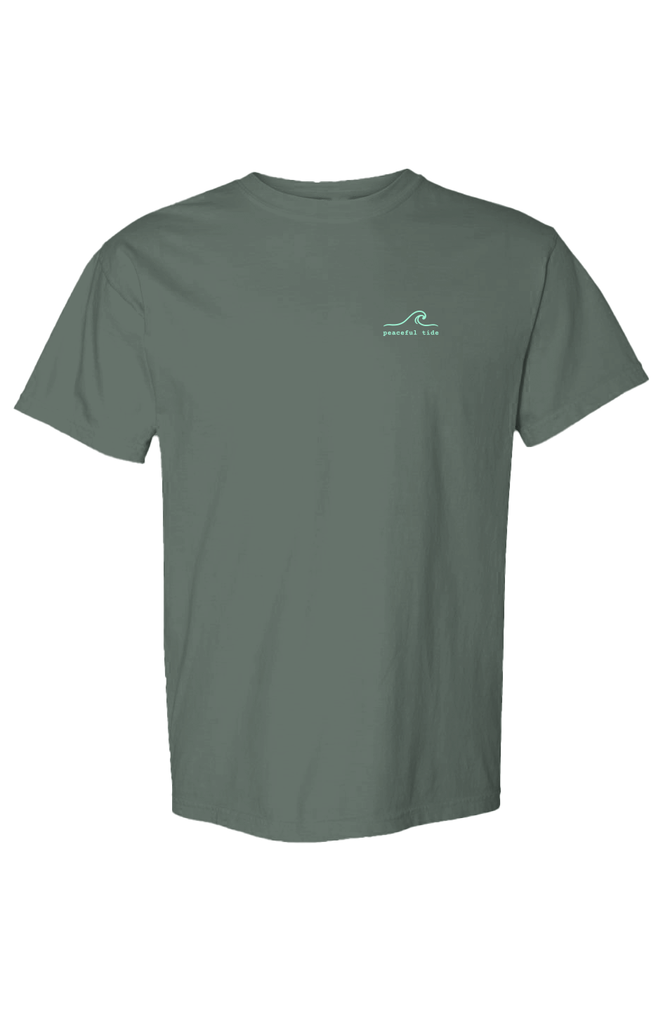 Two Tribes, One Island Tee in Blue Spruce, front view on model