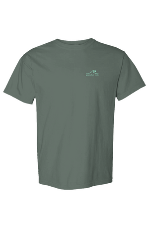Two Tribes, One Island Tee in Blue Spruce, front view on model