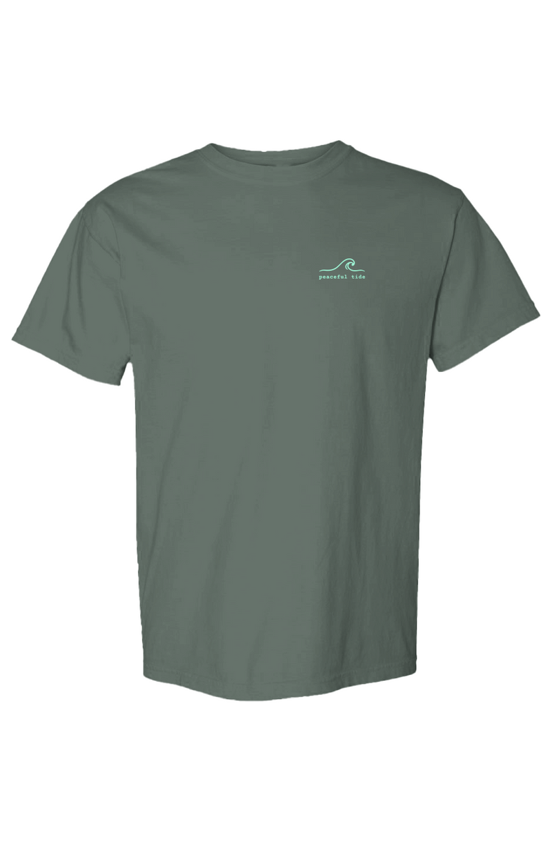 Two Tribes, One Island Tee in Blue Spruce, front view on model