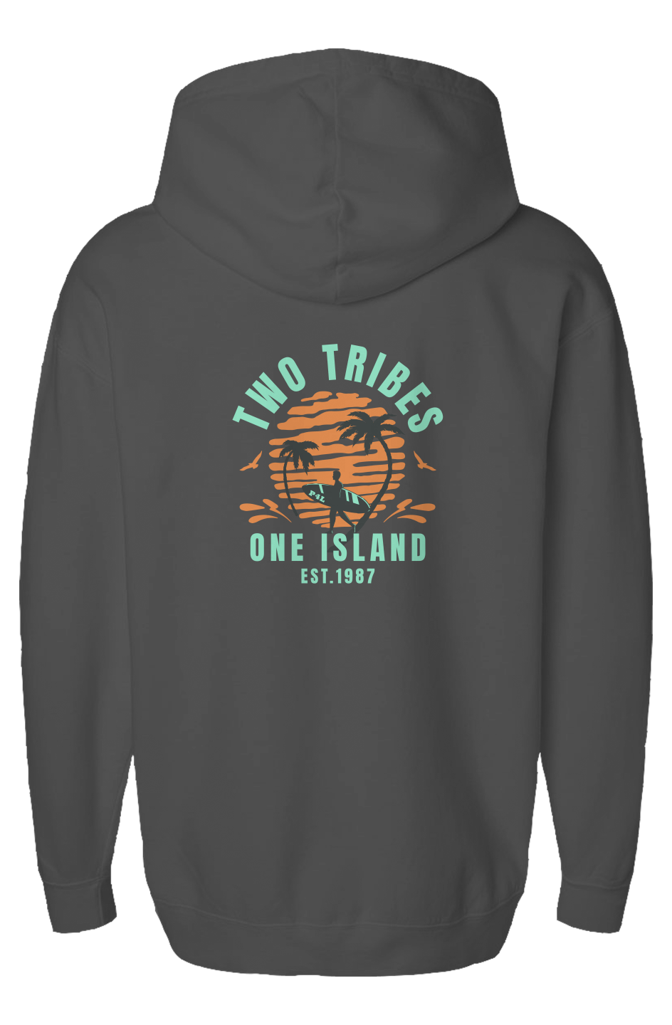 Two Tribes, One Island Fleece Hoodie in Pepper, back view on model