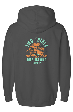 Two Tribes, One Island Fleece Hoodie in Pepper, back view on model