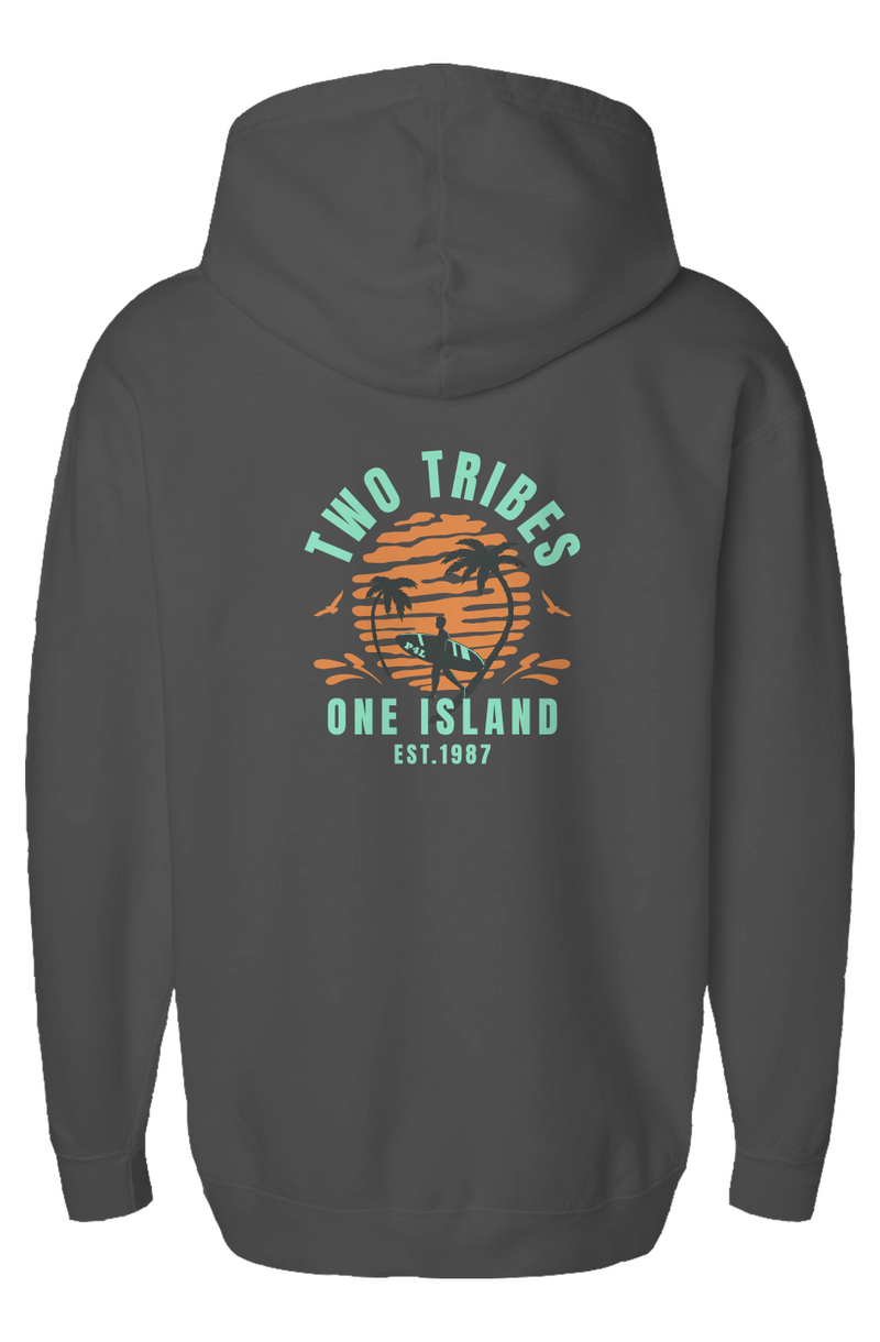 Two Tribes, One Island Fleece Hoodie in Pepper, back view on model