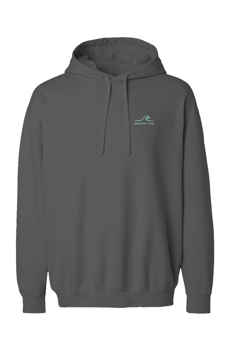 Two Tribes, One Island Fleece Hoodie in Pepper, front view on model