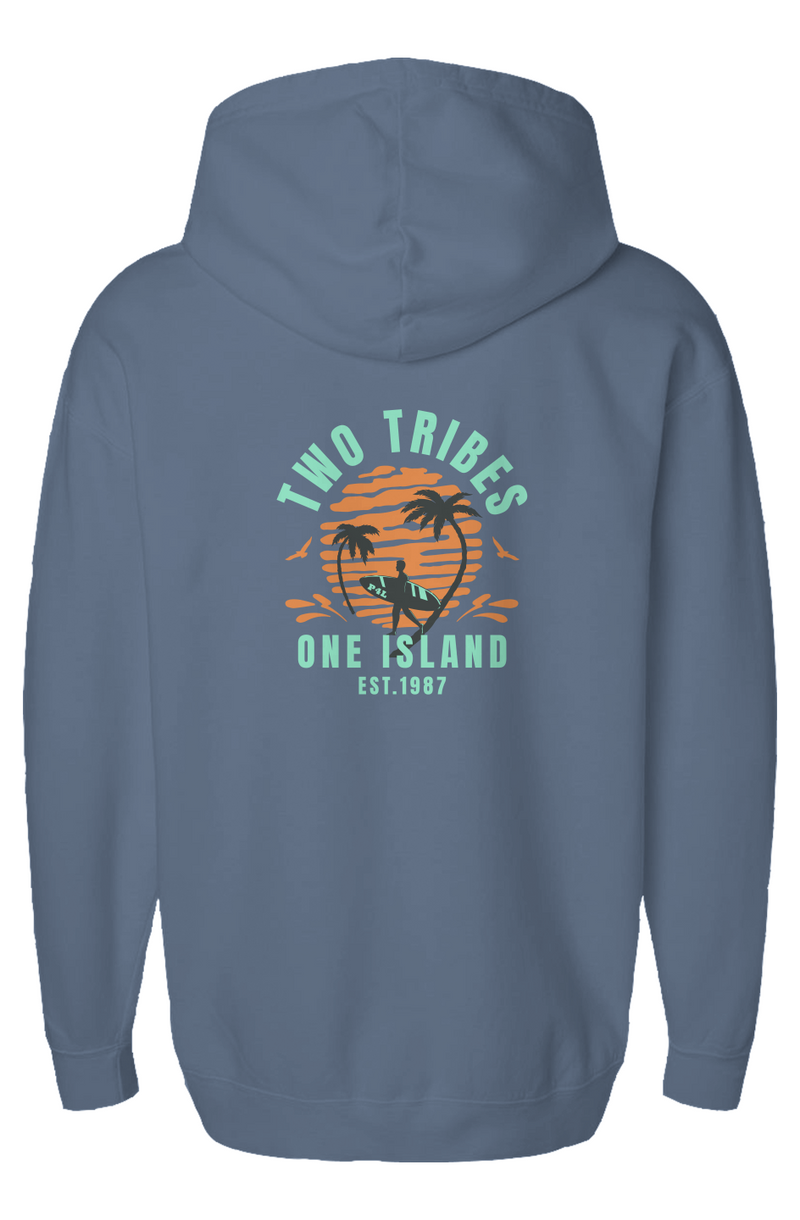 Two Tribes, One Island Fleece Hoodie in Blue Jean, back view on model