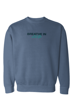 Breathe In, Let Go Sweatshirt in Blue Jean, worn by a model, front view
