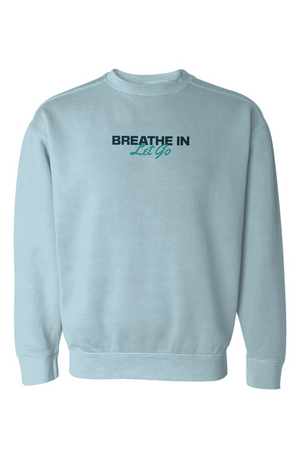 Breathe In, Let Go Sweatshirt in chambray, worn by a model, front view