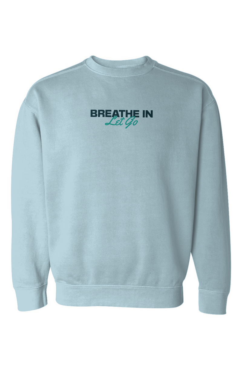 Breathe In, Let Go Sweatshirt in chambray, worn by a model, front view