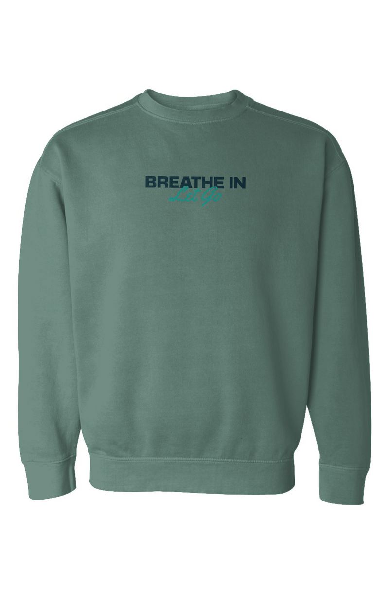 Breathe In, Let Go Sweatshirt in light green, worn by a model, front view