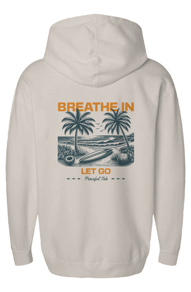 Breathe In, Let Go Fleece Hoodie in Ivory, front view on model