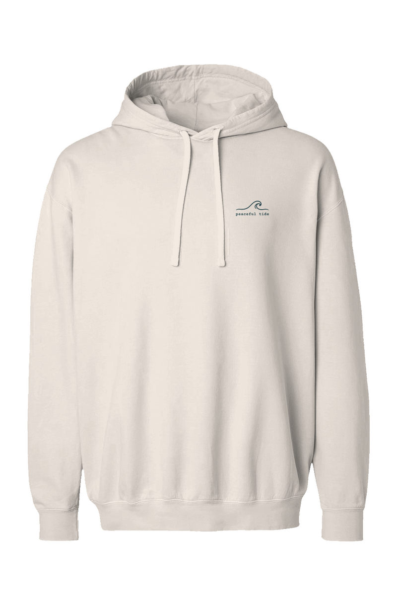 Breathe In, Let Go Fleece Hoodie in Ivory, back view on model