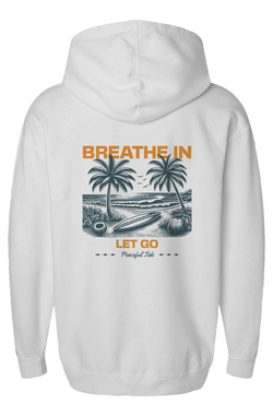 Breathe In, Let Go Fleece Hoodie in White, front view on model