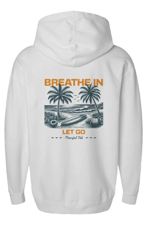 Breathe In, Let Go Fleece Hoodie in White, front view on model