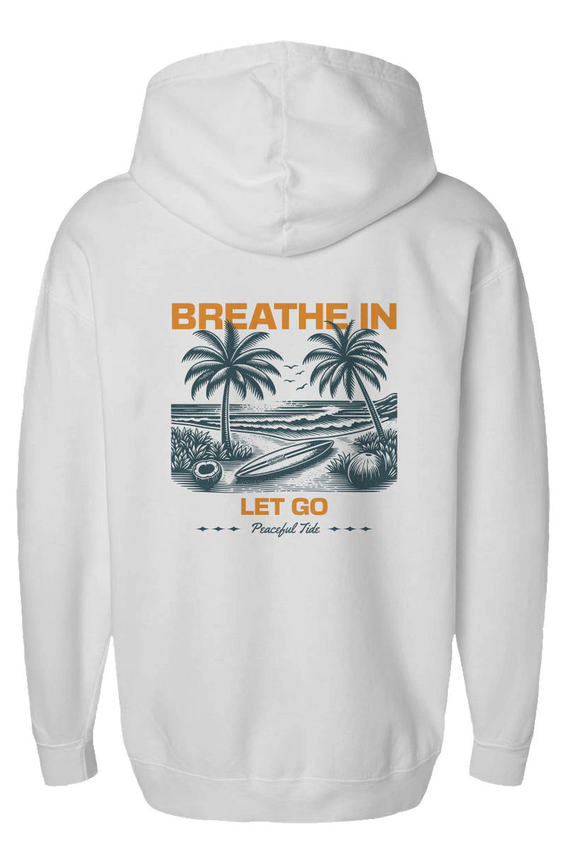 Breathe In, Let Go Fleece Hoodie in White, front view on model