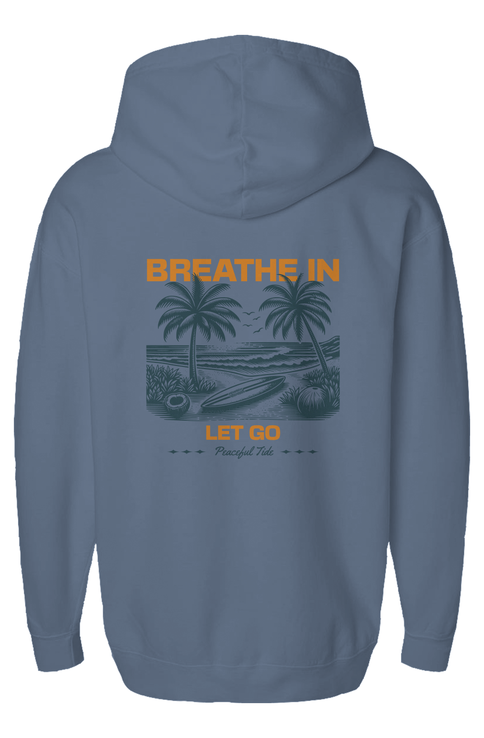 Breathe In, Let Go Fleece Hoodie in Blue Jean, front view on model