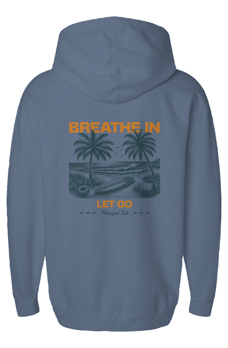 Breathe In, Let Go Fleece Hoodie in Blue Jean, front view on model