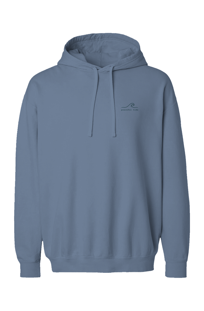 Breathe In, Let Go Fleece Hoodie in Blue Jean, back view on model