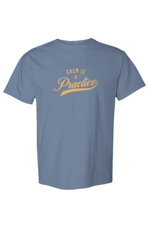 Calm Is a Practice Tee in Blue Jean, front view on model